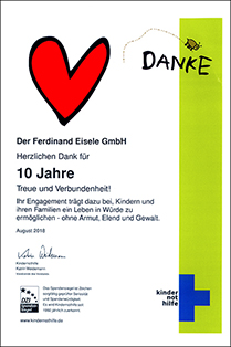2018 awarded by Kinternothilfe: certificate for 10 years of donation loyalty