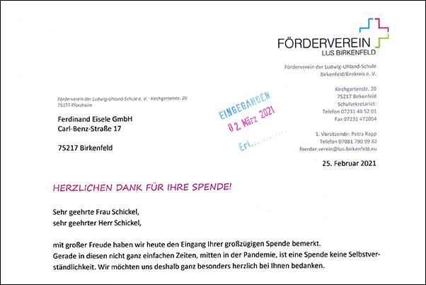 Dankschreiben des Foerdervereins der Ludwig-Uhland-Schule