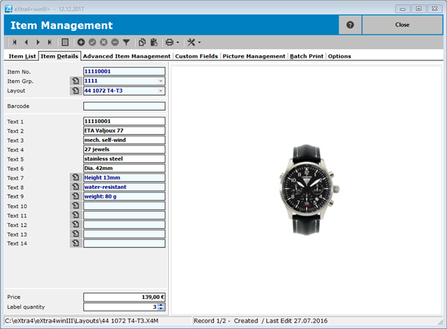 Window label printing software extra4 detail view item in simple item management