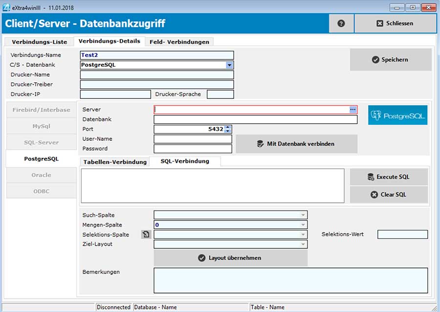 Fenster Etikettendruck-Software extra4 Verbindungs-Details für den Zugriff auf eine mehrplatzfähige Client/Server-Datenbank