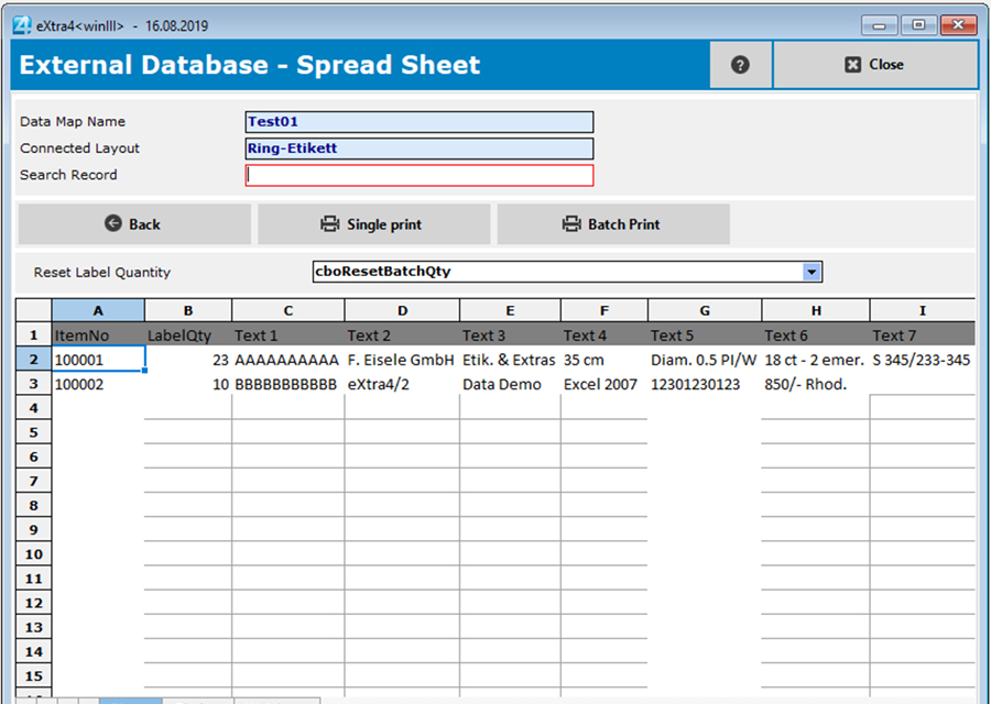 Window label printing software extra4 view access to a spread sheet table as data source for label printing